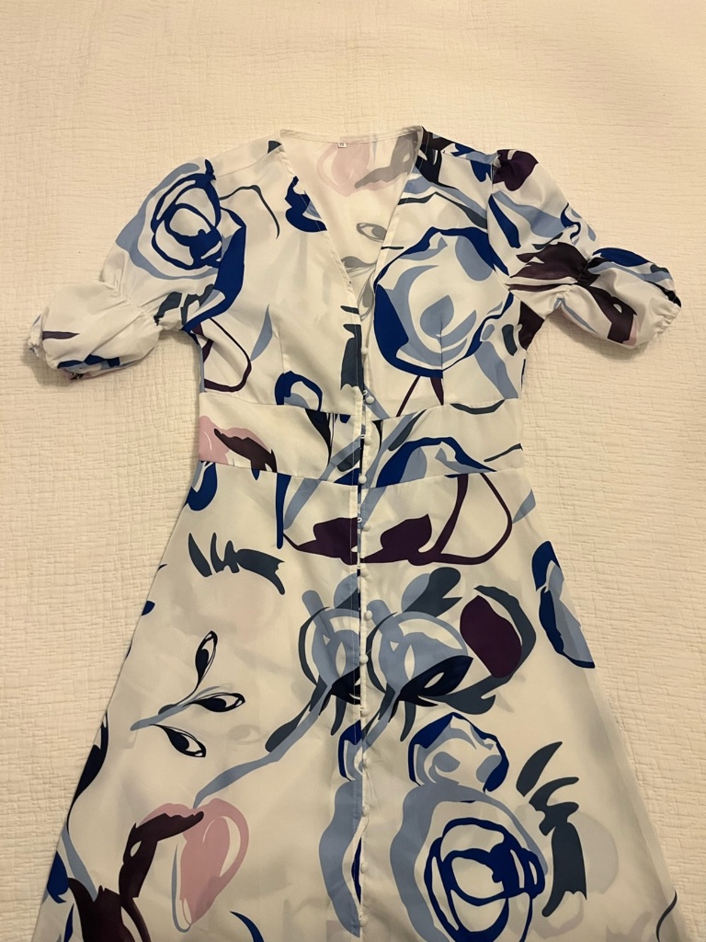 Floral Print V-Neck Women’s Dress in White and Blue